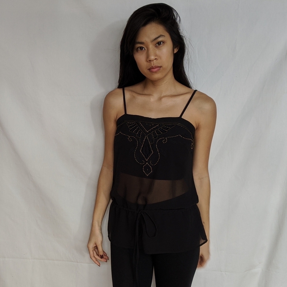 Sheer drawstring waist embroidered beaded tank - Picture 5 of 8